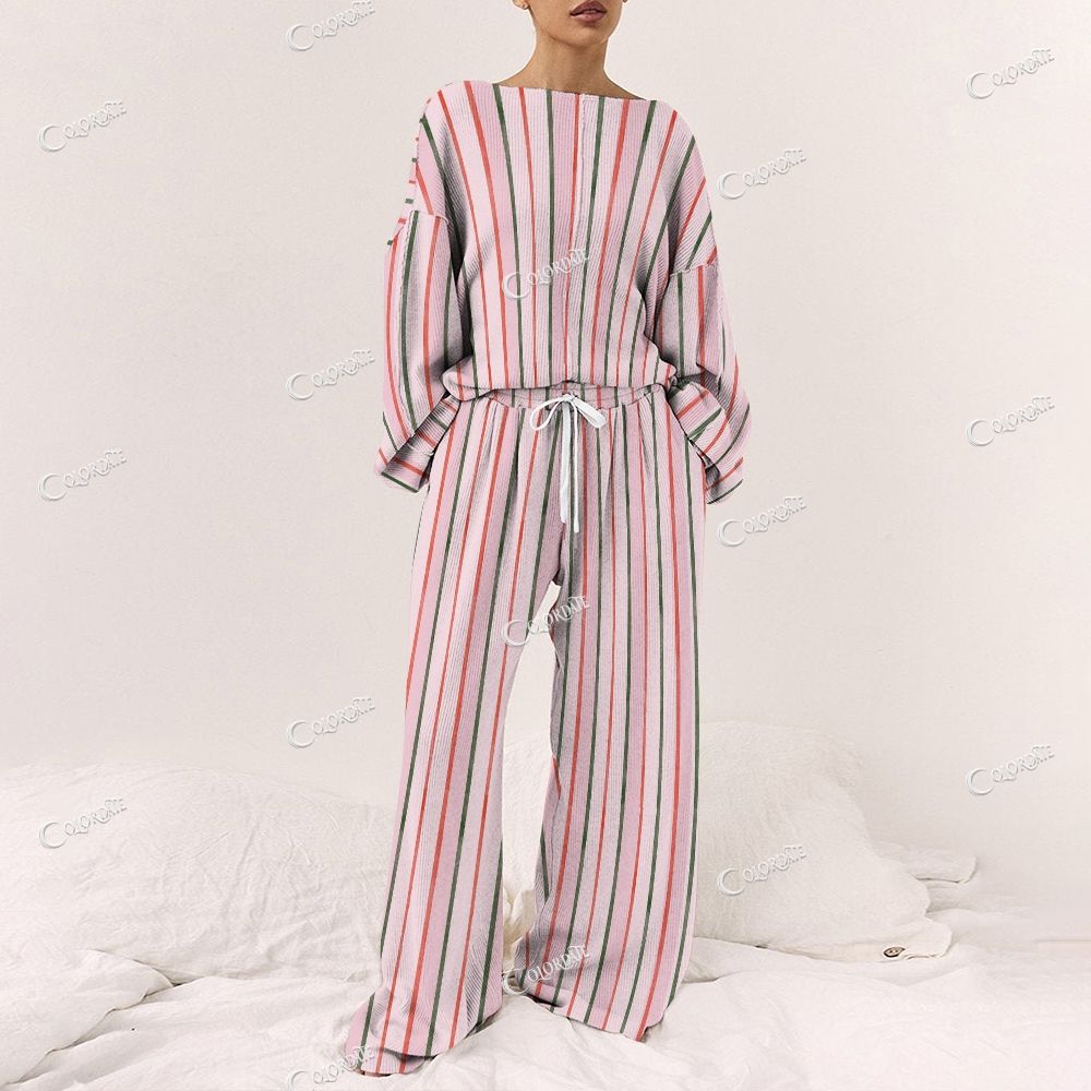 Colordate Women's Stripes Print Long Sleeve Pajama Set
