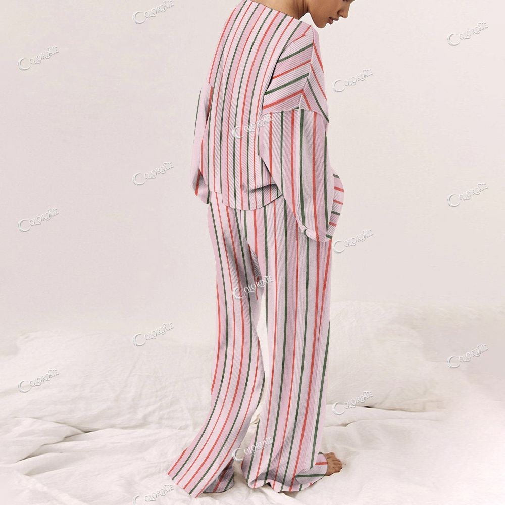 Colordate Women's Stripes Print Long Sleeve Pajama Set
