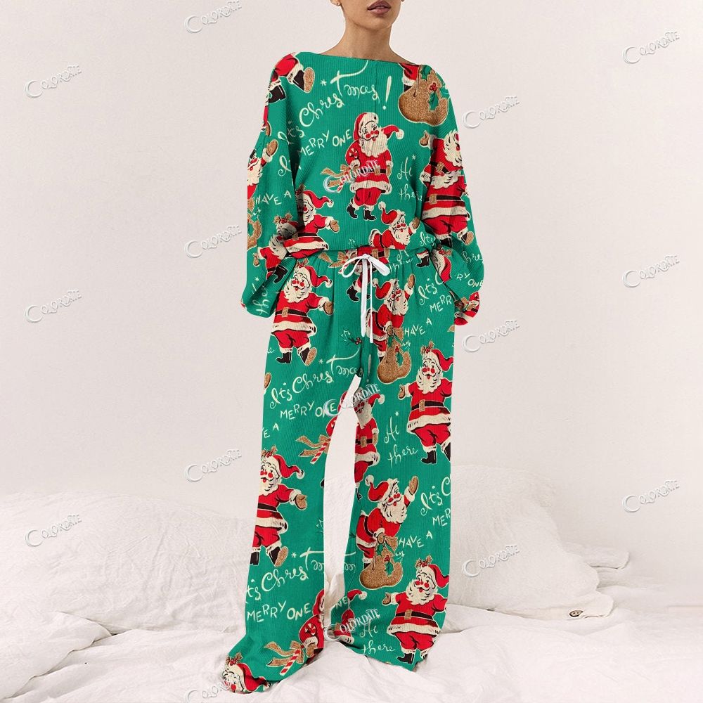 Colordate Women's Santa Claus Print Long Sleeve Pajama Set