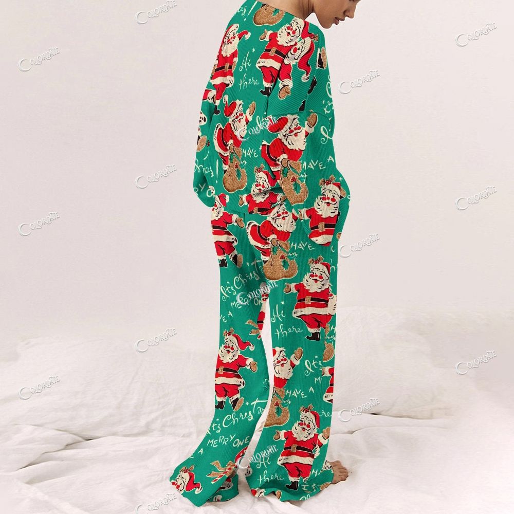 Colordate Women's Santa Claus Print Long Sleeve Pajama Set