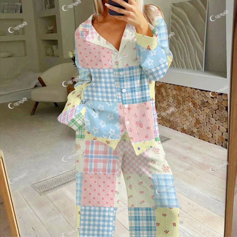 Women's Retro Romantic Patchwork  Print Cardigan Homewear Set