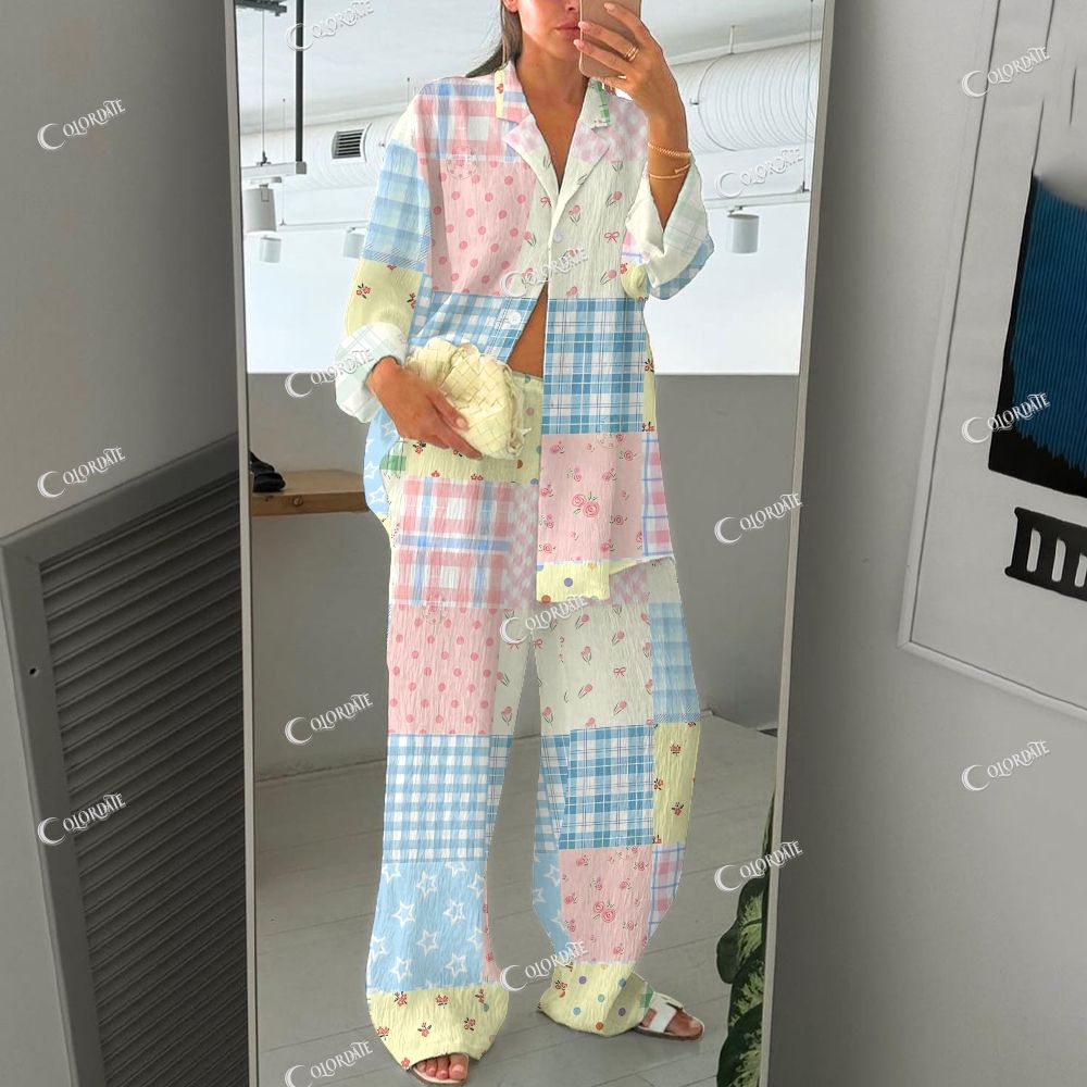 Women's Retro Romantic Patchwork  Print Cardigan Homewear Set