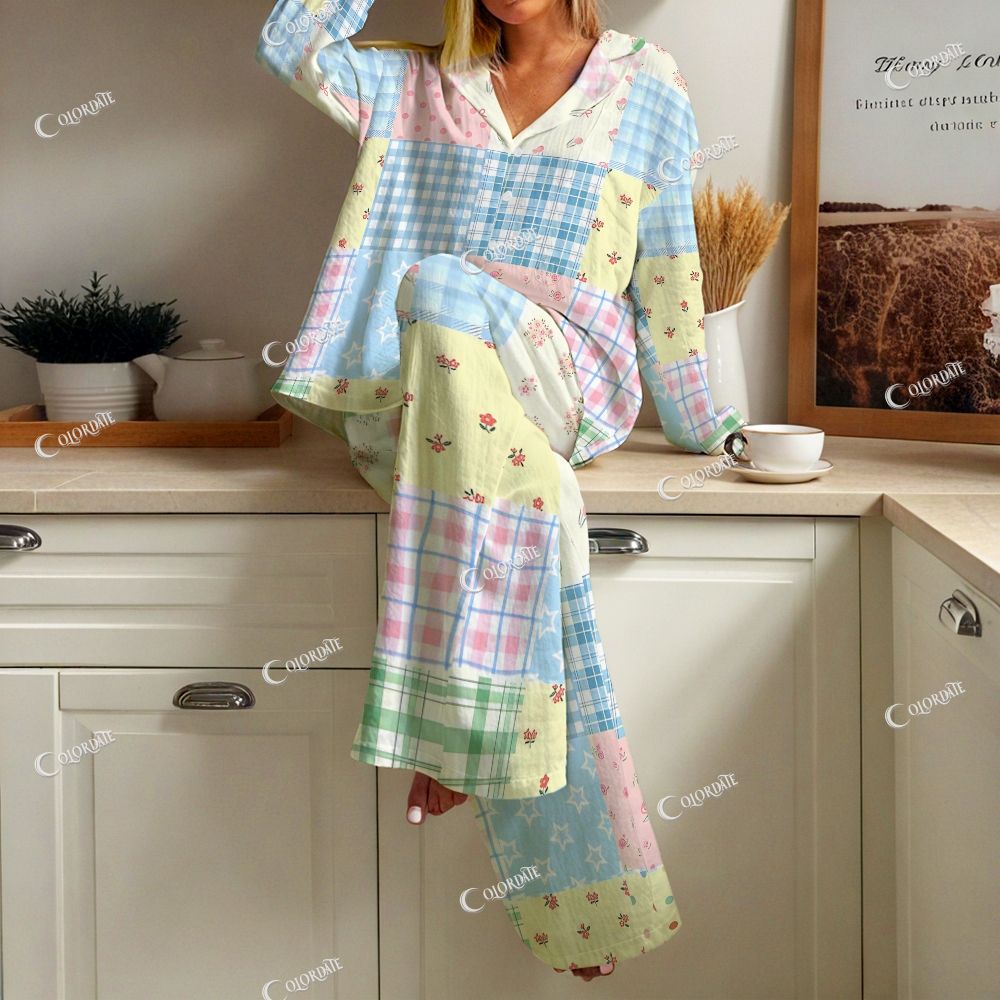 Women's Retro Romantic Patchwork  Print Cardigan Homewear Set