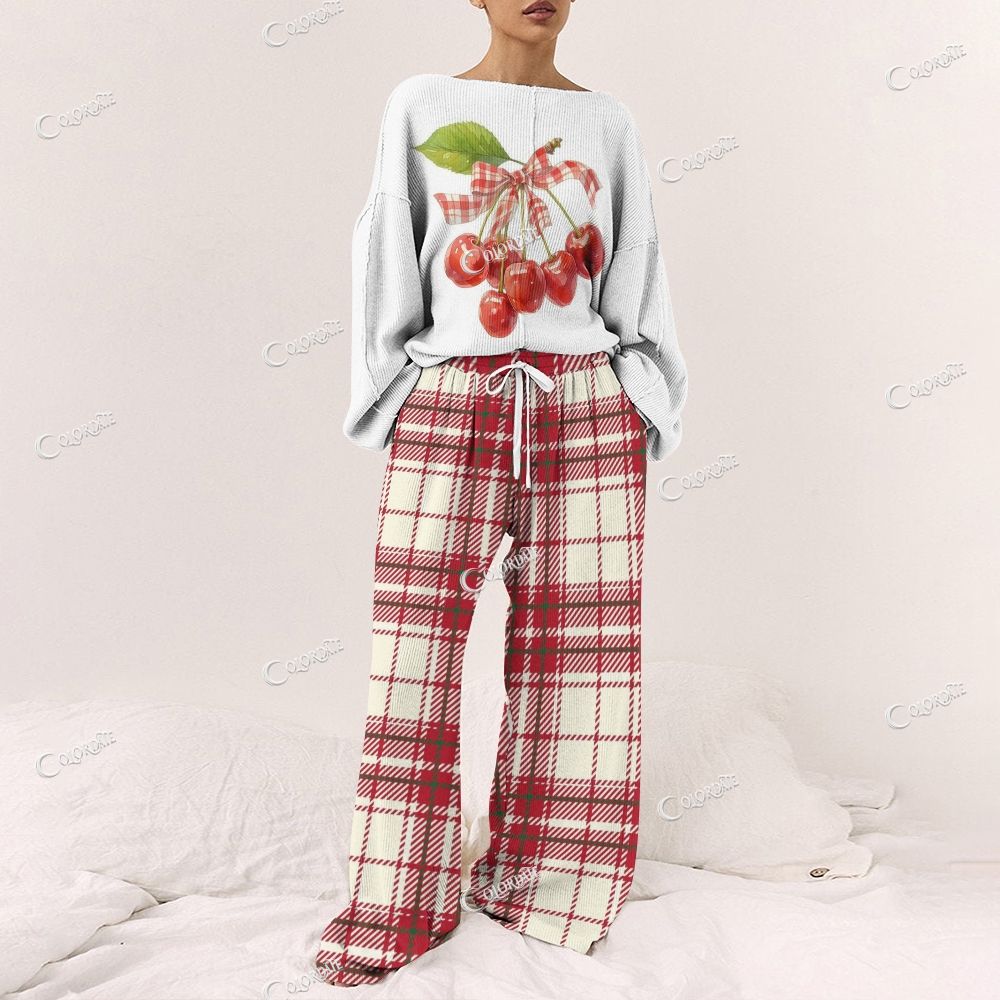 Women's Red Cherry Print Long Sleeve Pajama Set