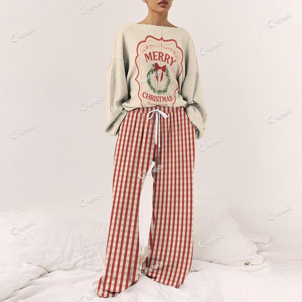 Colordate Women's Merry Christmas Print Long Sleeve Pajama Set
