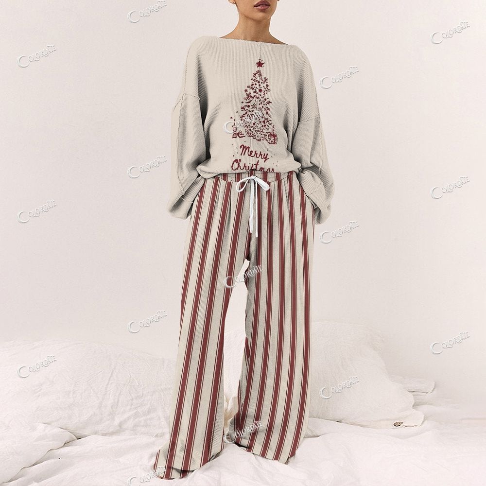 Colordate Women's Christmas Tree Print Long Sleeve Pajama Set
