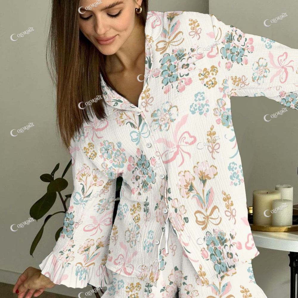 Colordate Women's Flower And Bow Vintage Printed Suit