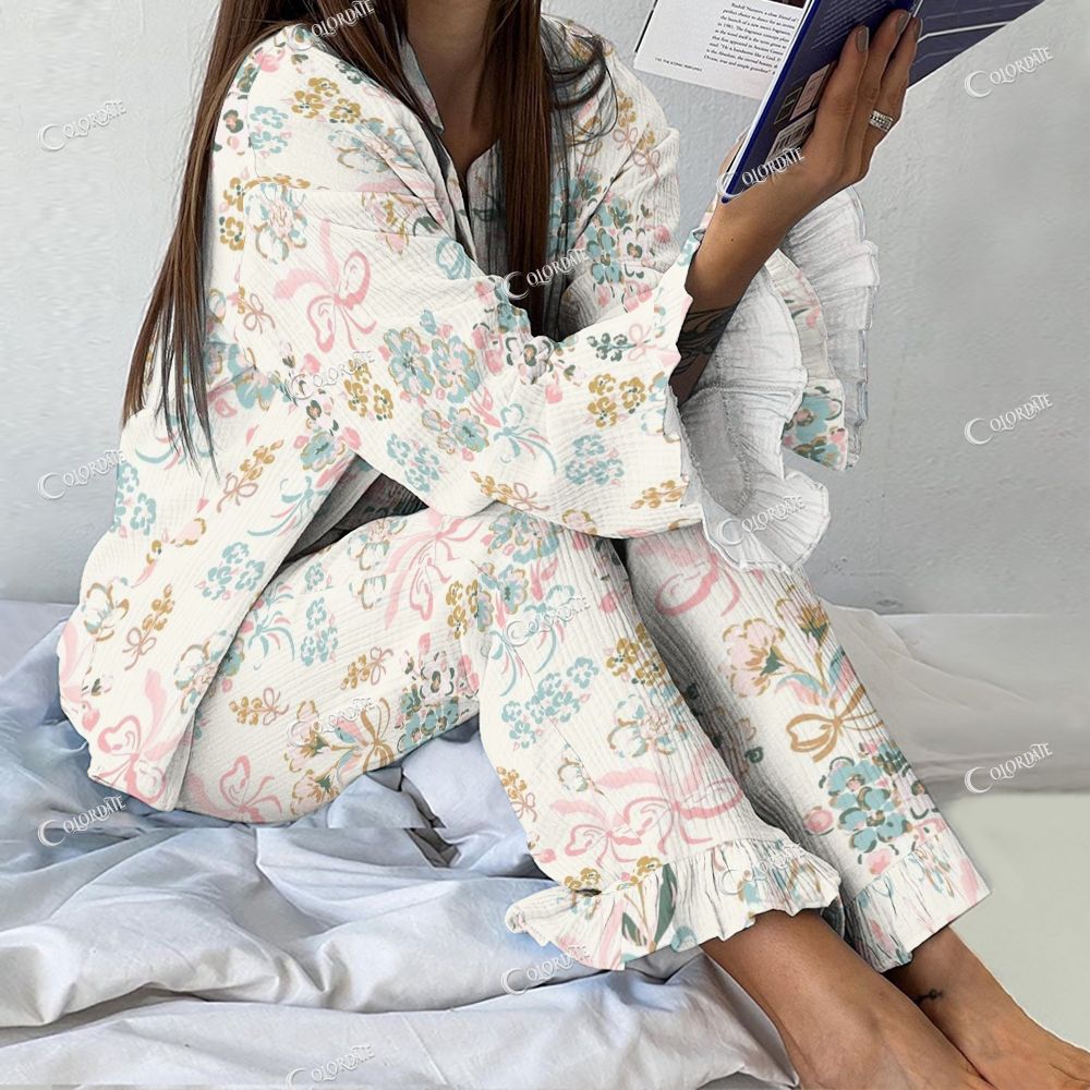 Colordate Women's Flower And Bow Vintage Printed Suit