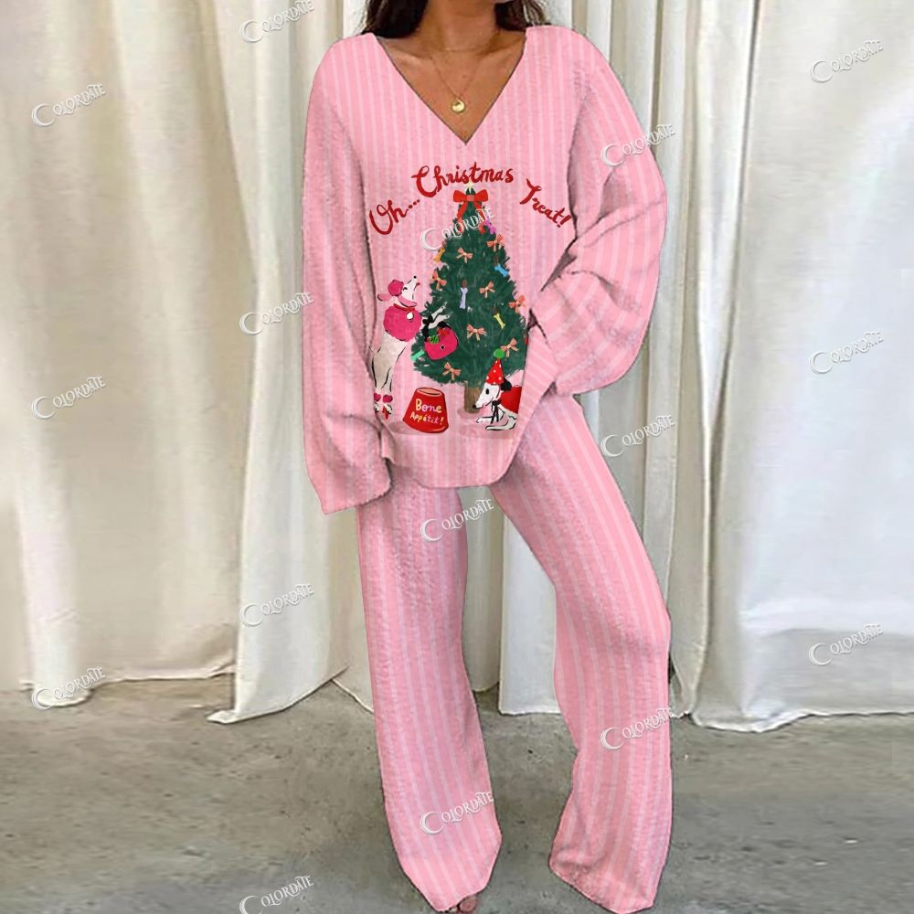 Colordate Christmas Puppy Print Loungewear Set For Women