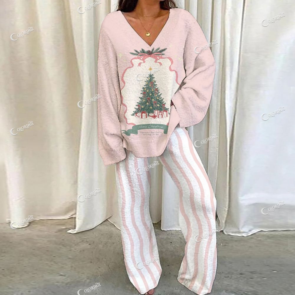Colordate Christmas Tree Print Loungewear Set For Women