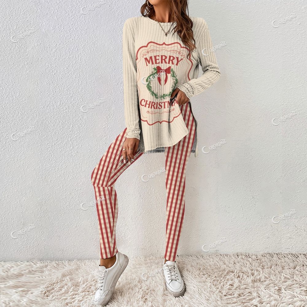 Colordate Women's Merry Christmas Print Long Sleeve Suit