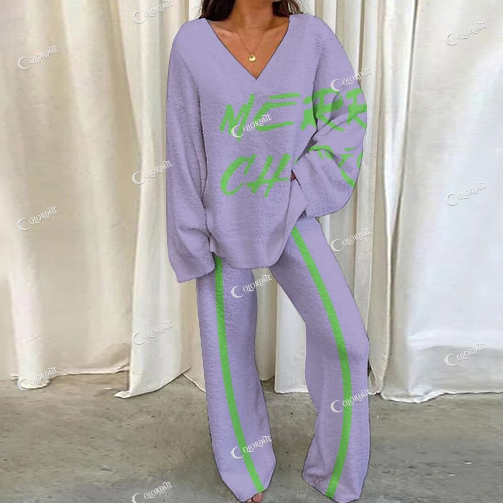 Colordate Merry Christmas Print Loungewear Set For Women