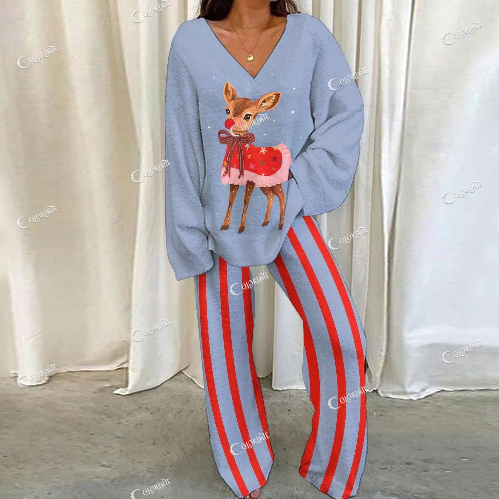 Colordate Deer Print Loungewear Set For Women