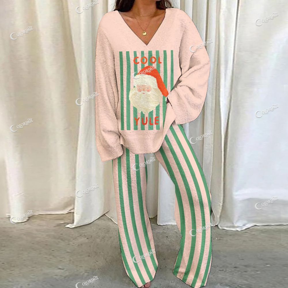 Colordate Santa Claus Print Loungewear Set For Women