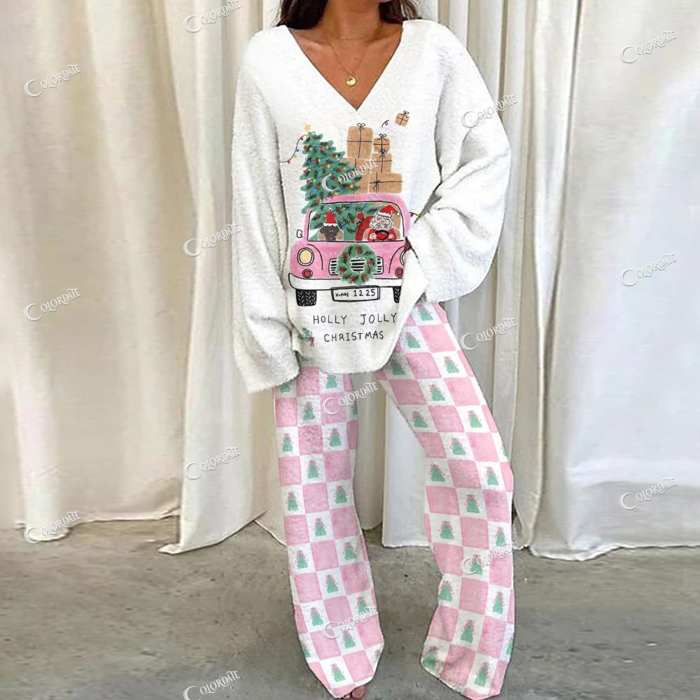 Colordate Santa Claus Print Loungewear Set For Women