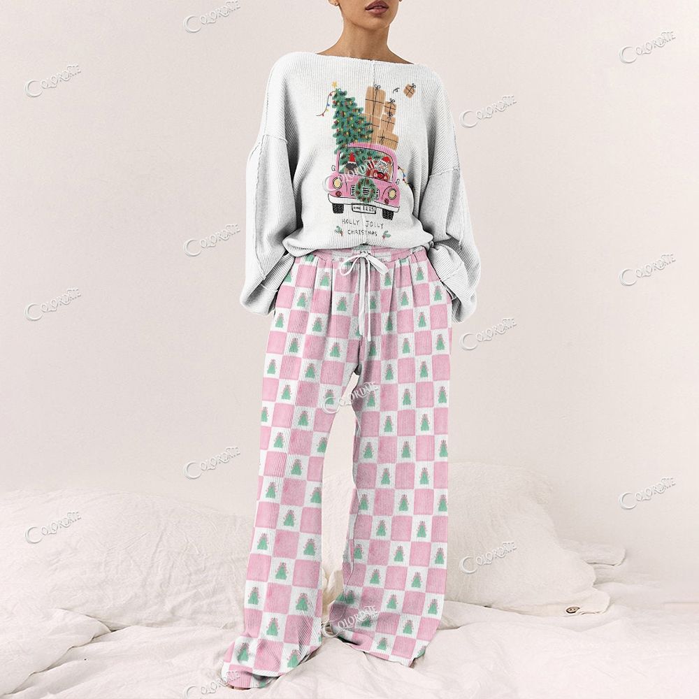 Colordate Women's Santa Claus Print Long Sleeve Pajama Set