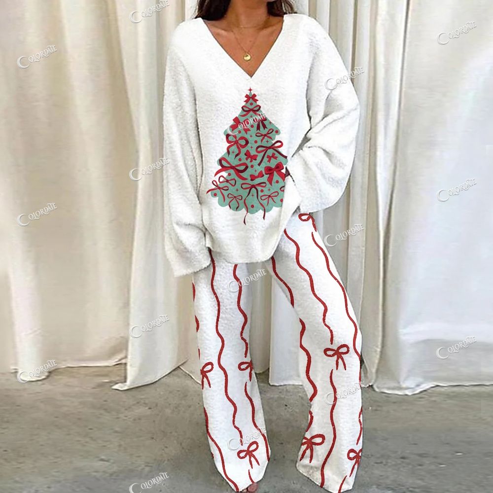 Colordate Christmas Tree And Bow Print Loungewear Set For Women