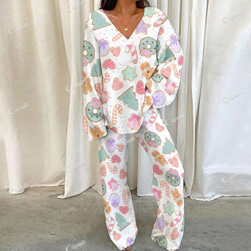 Colordate Christmas Cookie Print Loungewear Set For Women