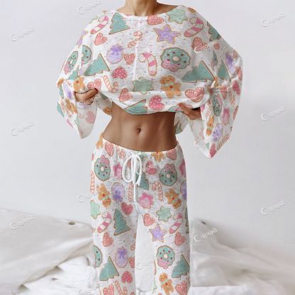 Colordate Women's Christmas Cookie Print Long Sleeve Cotton Homewear Set