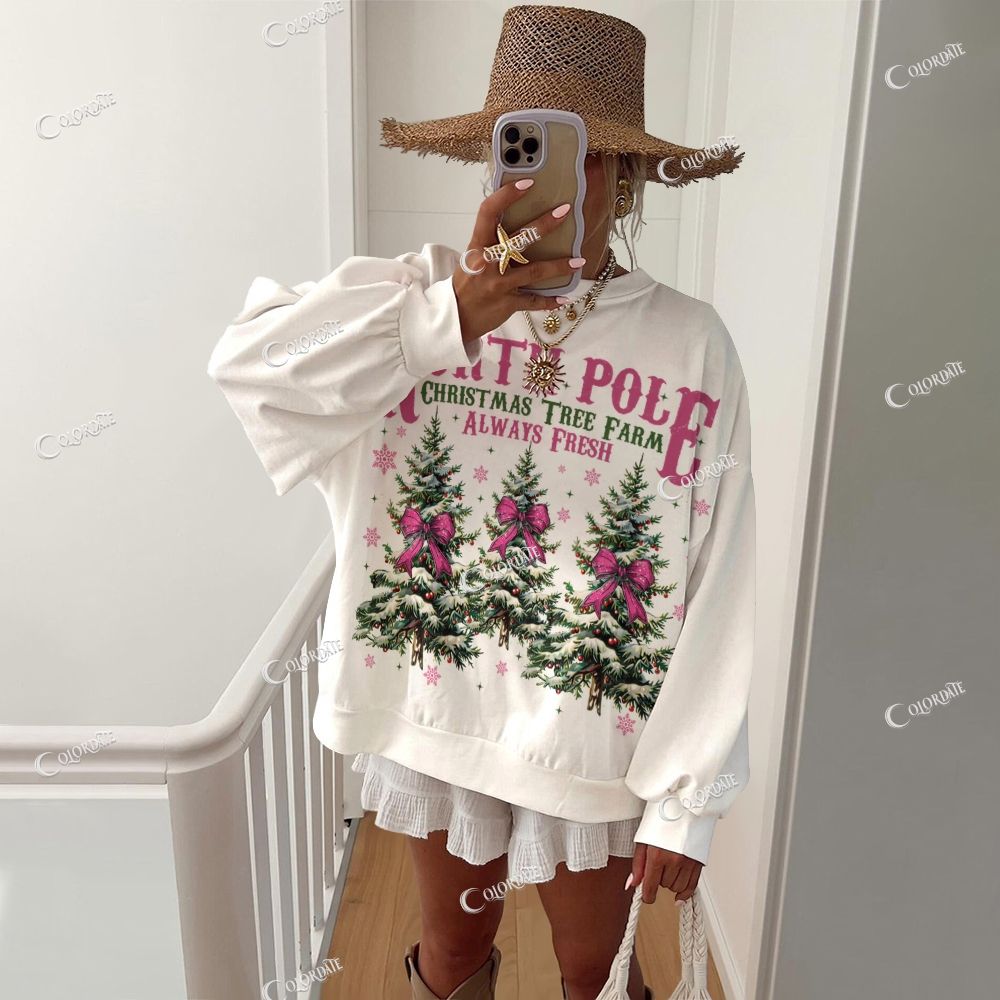Colordate Women's Christmas Tree Print Casual Crew Neck Sweatshirt