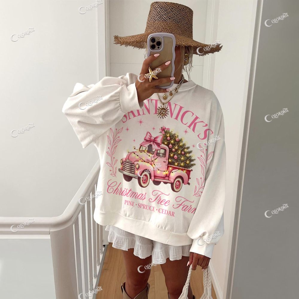 Colordate Women's Christmas Tree Print Casual Crew Neck Sweatshirt