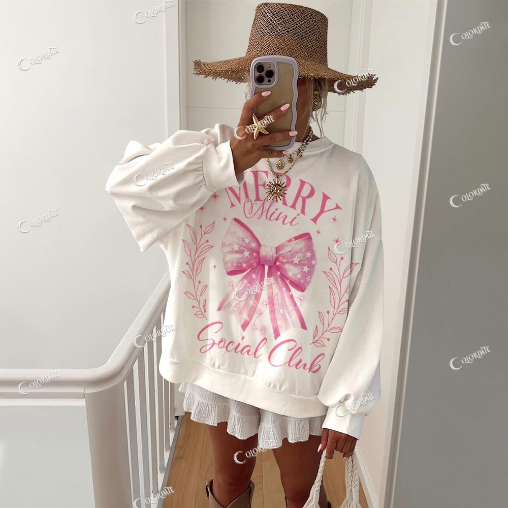 Colordate Women's Bow Print Casual Crew Neck Sweatshirt