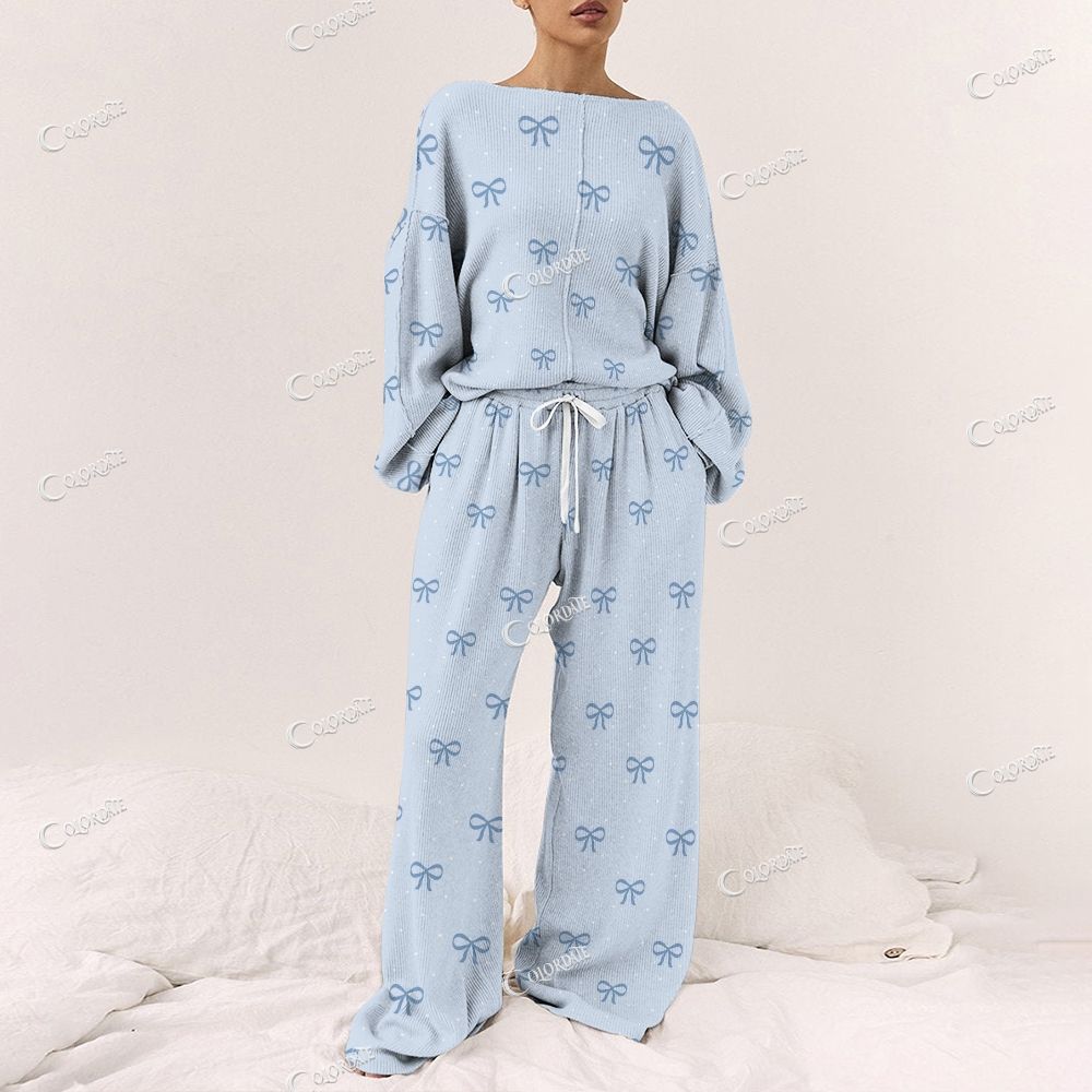 Colordate Women's Bow Print Long Sleeve Pajama Set