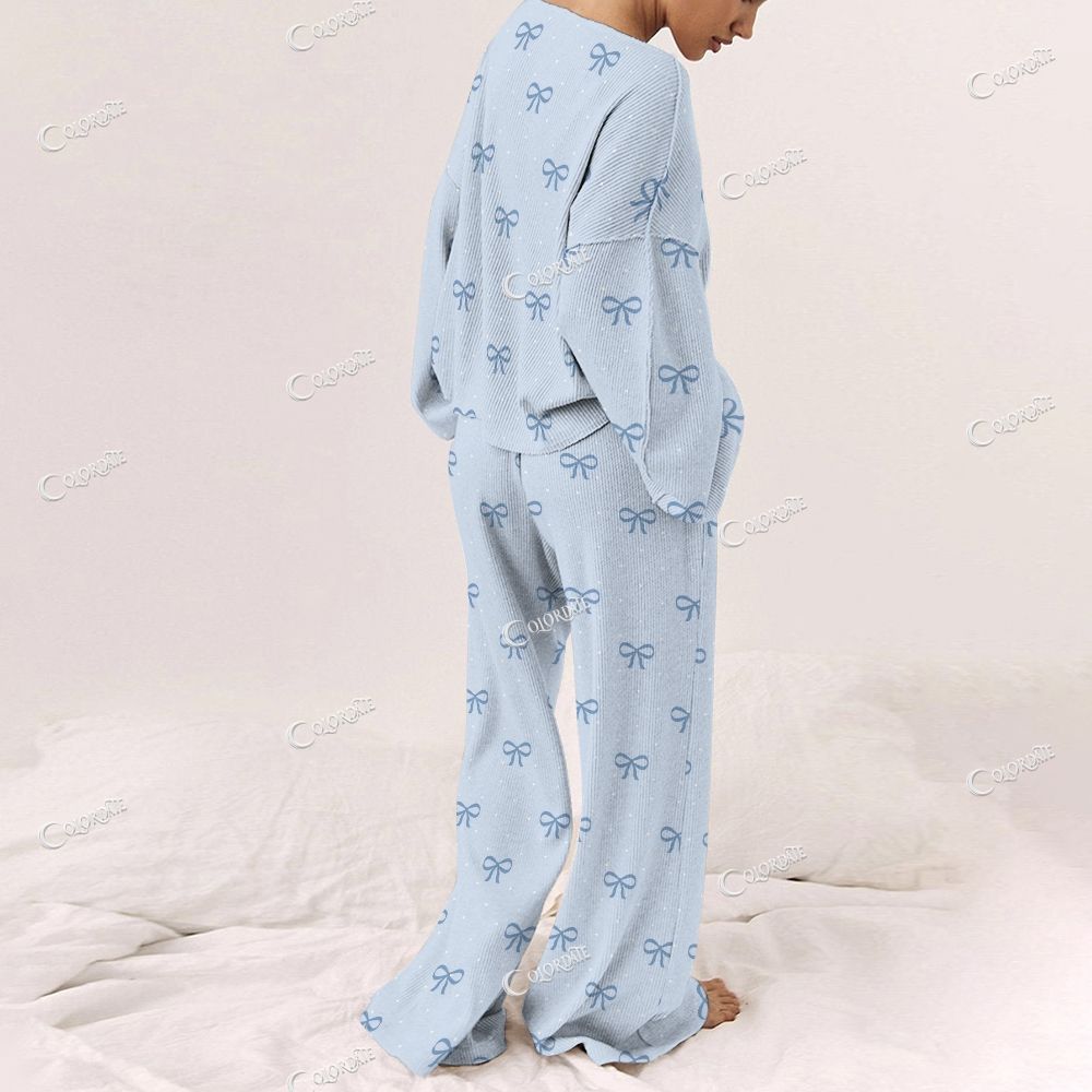 Colordate Women's Bow Print Long Sleeve Pajama Set