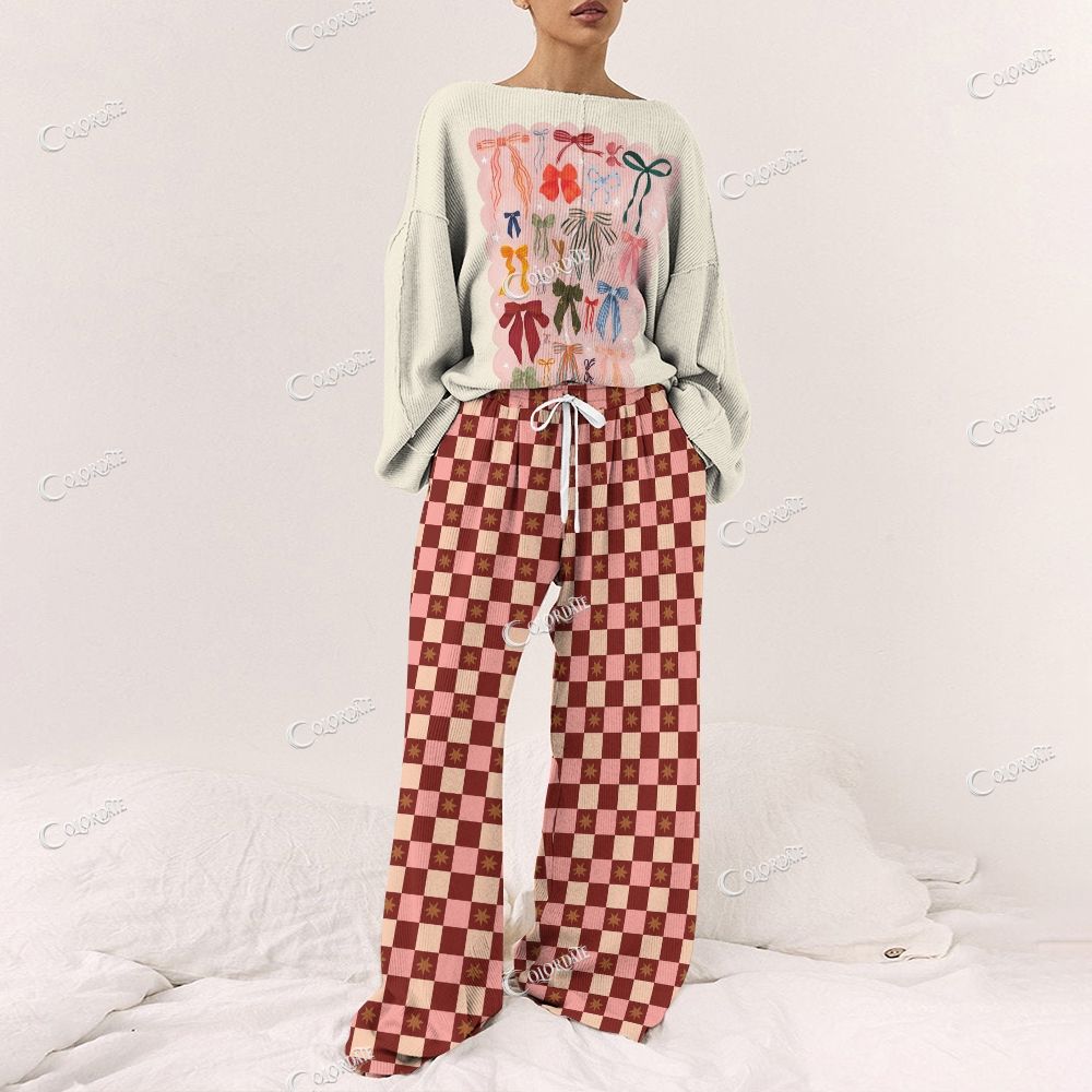 Colordate Women's Bow Print Long Sleeve Pajama Set