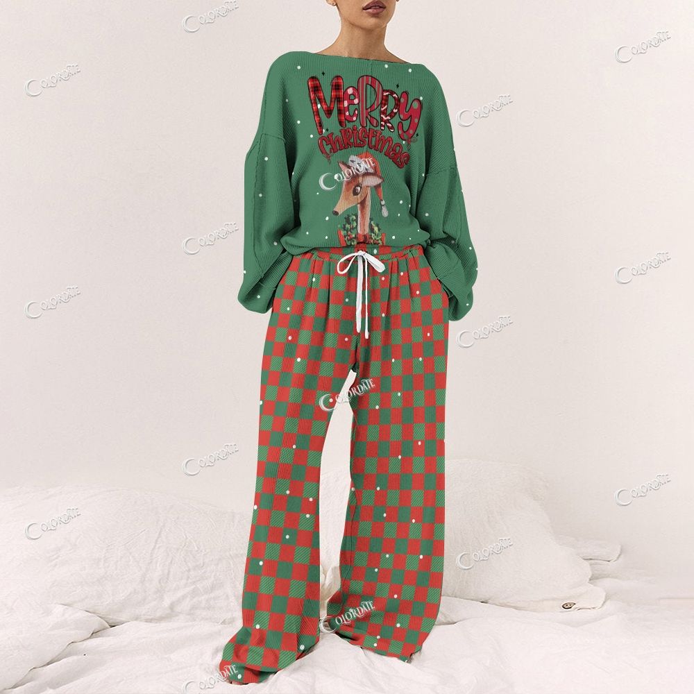 Colordate Women's Merry Christmas Print Long Sleeve Pajama Set
