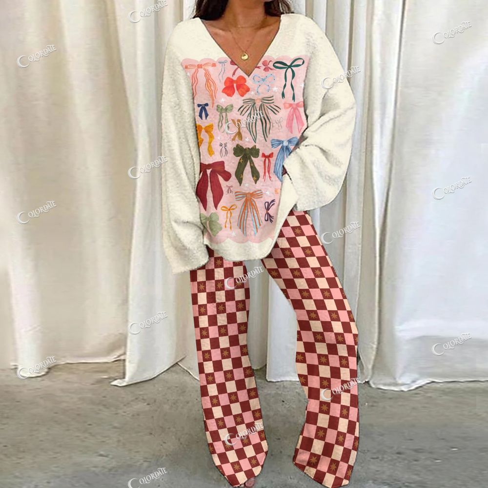 Colordate Bow Print Loungewear Set For Women