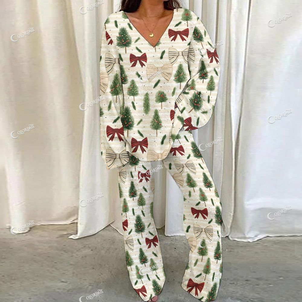 Colordate Christmas Tree And Bow Print Loungewear Set For Women