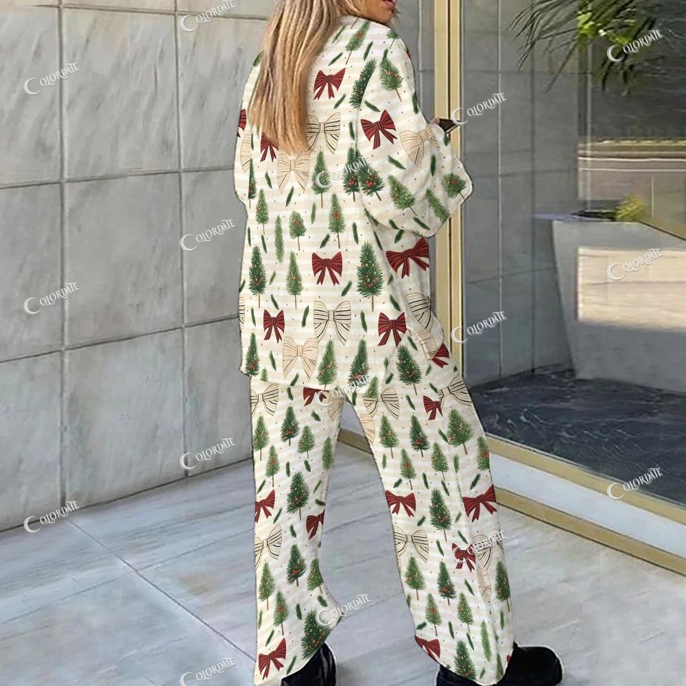 Colordate Christmas Tree And Bow Print Loungewear Set For Women