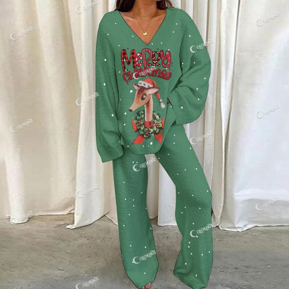 Colordate Deer Print Loungewear Set For Women