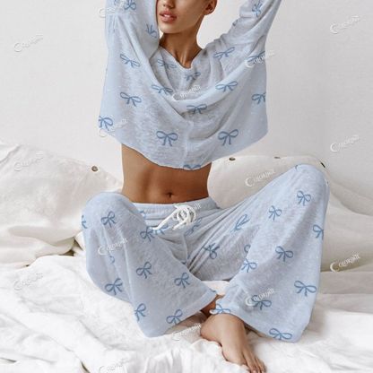 Colordate Women's Bow Print Long Sleeve Cotton Homewear Set