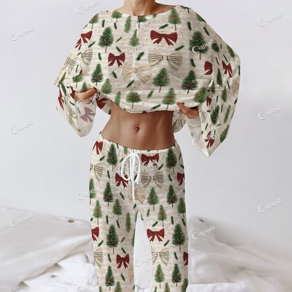 Colordate Women's Bows And Christmas Tree Prints Long Sleeve Cotton Homewear Set
