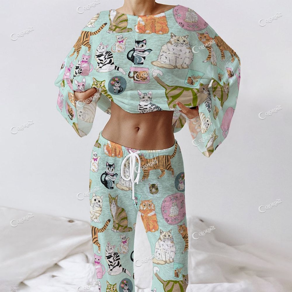 Colordate Women's Cat Print Long Sleeve Cotton Homewear Set