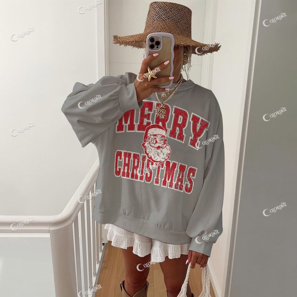 Colordate Women's Merry Christmas Print Casual Crew Neck Sweatshirt