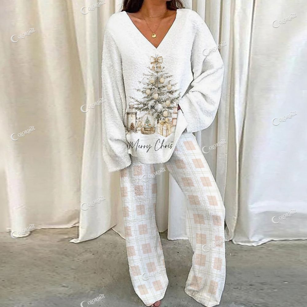 Colordate Christmas Tree Print Loungewear Set For Women