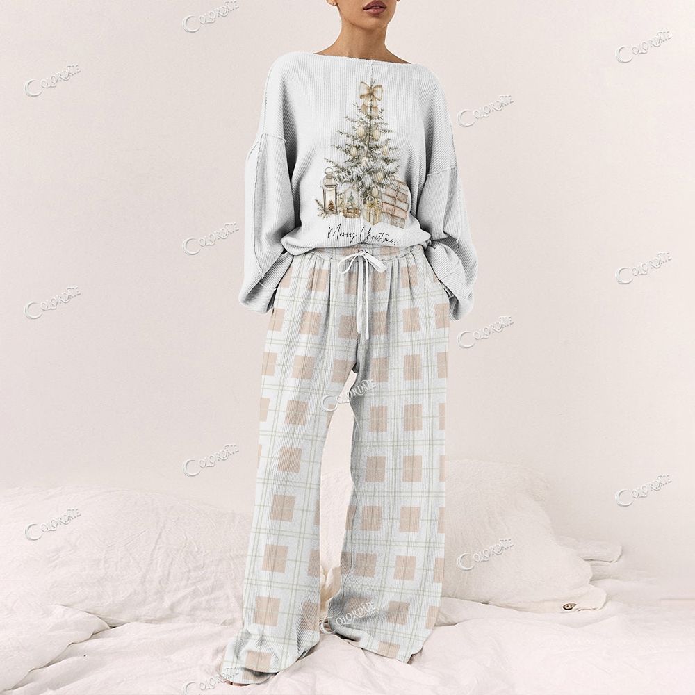 Colordate Women's Christmas Tree Print Long Sleeve Pajama Set