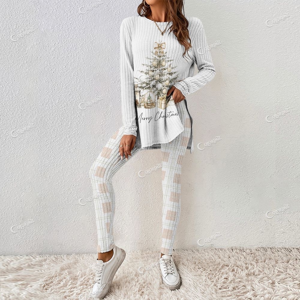 Colordate Women's Christmas Tree Print Long Sleeve Suit