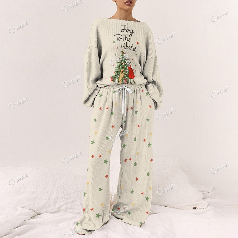 Colordate Women's Joy To The World Print Long Sleeve Pajama Set