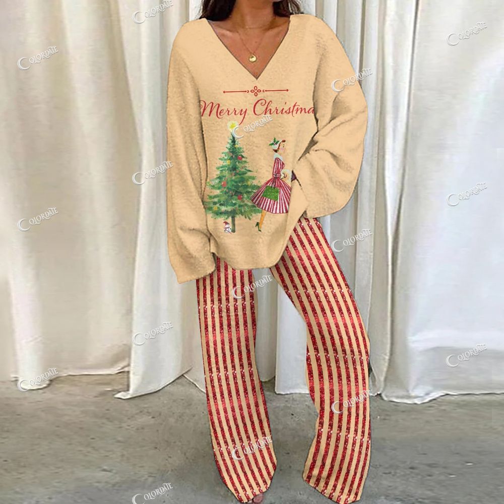 Colordate Merry Christmas Print Loungewear Set For Women