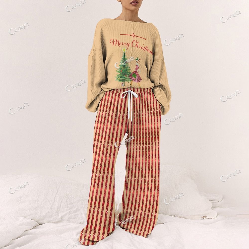 Colordate Women's Merry Christmas Print Long Sleeve Pajama Set