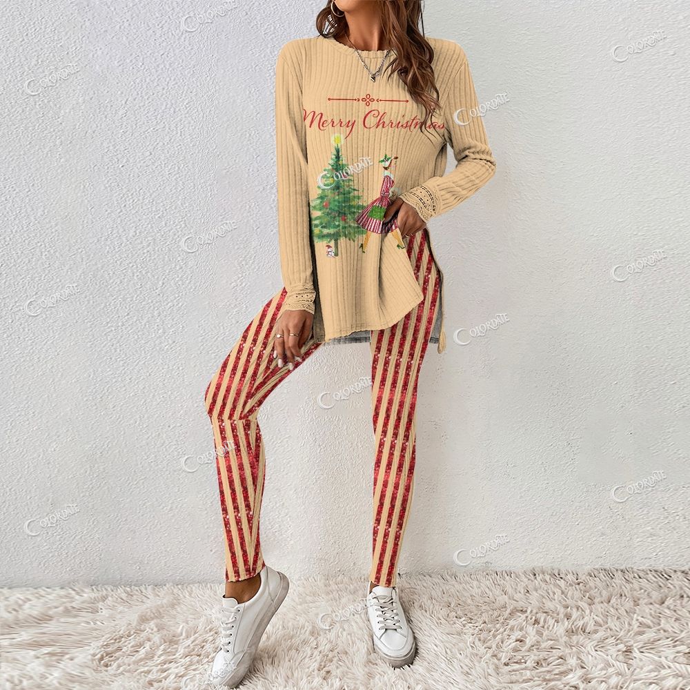 Colordate Women's Merry Christmas Print Long Sleeve Suit