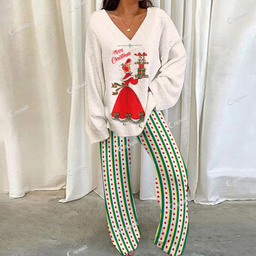 Colordate Christmas Girl Print Loungewear Set For Women