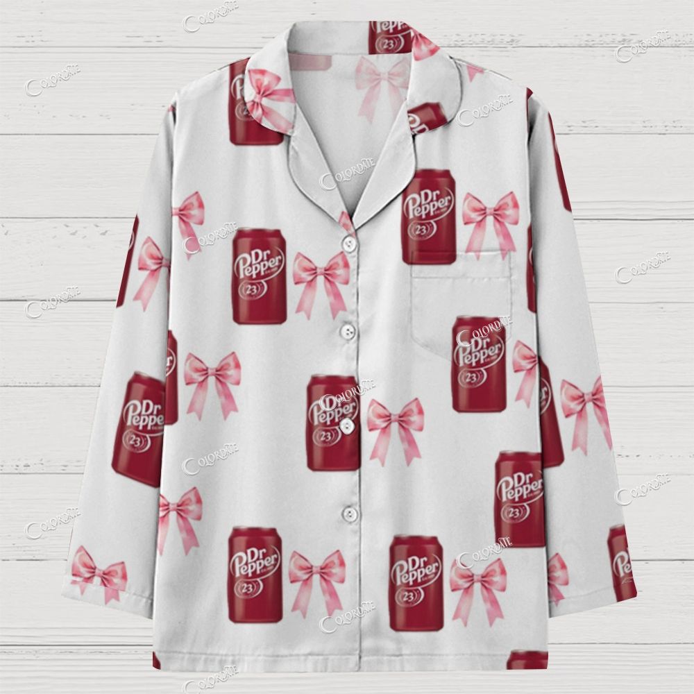 White Red Soda Can & Bow Print Button-Front Pajama Set