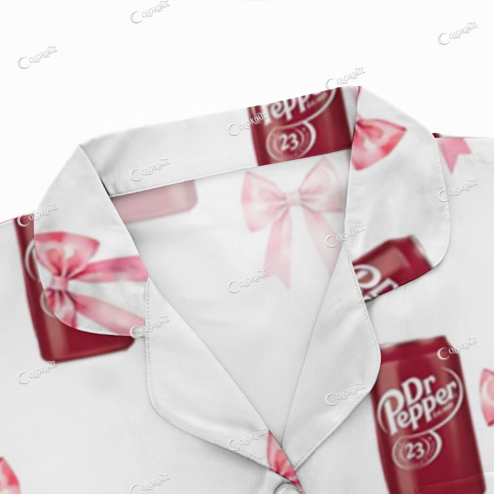 White Red Soda Can & Bow Print Button-Front Pajama Set