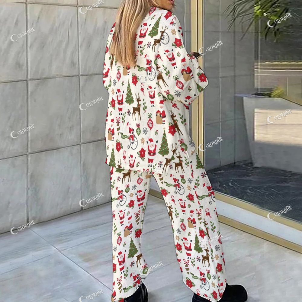 Colordate Santa Claus And Christmas Tree Prints Loungewear Set For Women