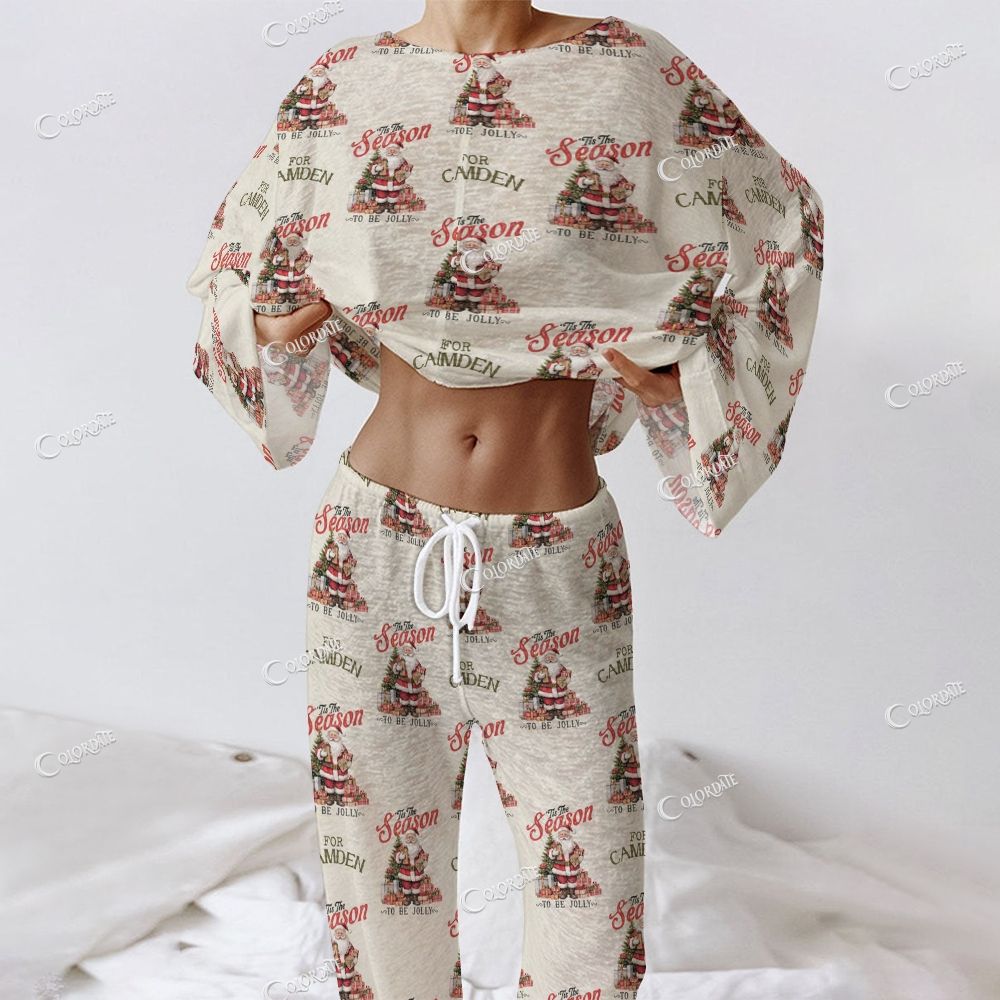 Colordate Women's Santa Claus Print Long Sleeve Cotton Homewear Set